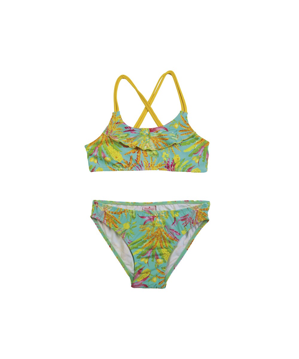 bikini niña colección bananas con volante en la parte delantera y espalda cruzada